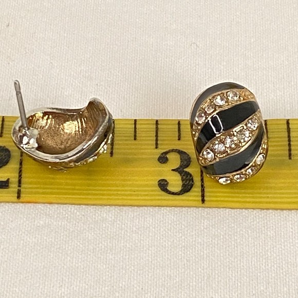 Earrings Womens Black Enamel Clear Rhinestone Diagonal Stripe Studs - Picture 5 of 5